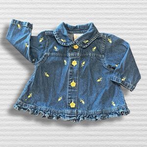 Vintage Y2K Old Navy Baby 12M Denim Jacket Embroidered Yellow Floral Ruffle Hem
